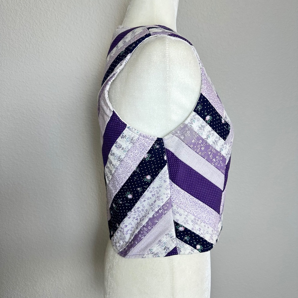 Handmade Purple Quilted Patchwork Vest Floral Chevron Cottagecore XS Small - Picture 4 of 7